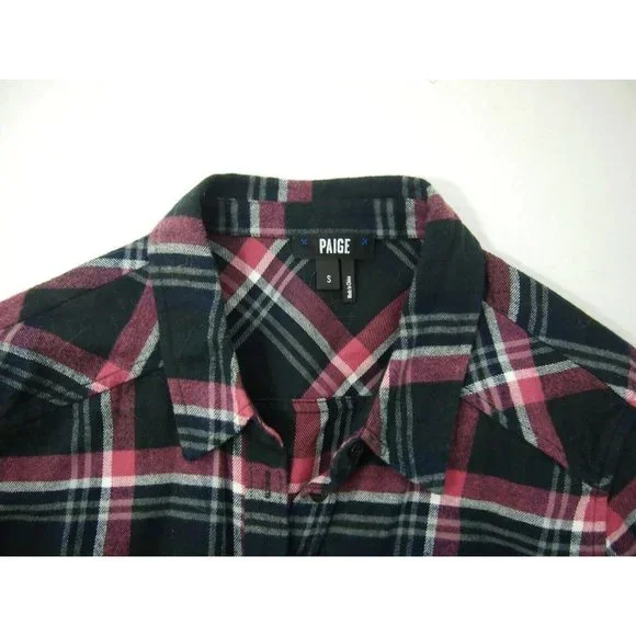 Paige Womens Top Shirt S Flannel Plaid Navy Blue Pink Long Sleeve Button Collar - Picture 4 of 5